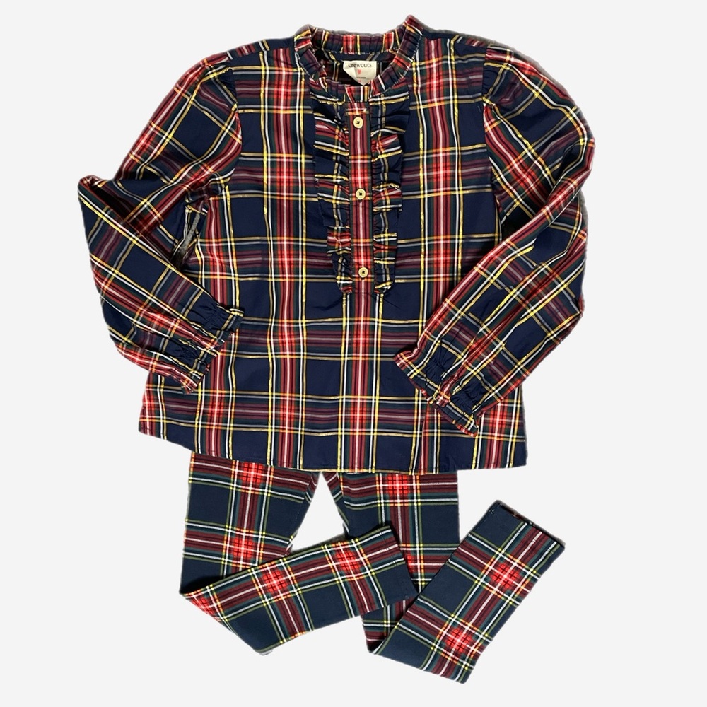 Crewcuts NWT girls navy tartan shirt and leggings set festive glitter holiday M